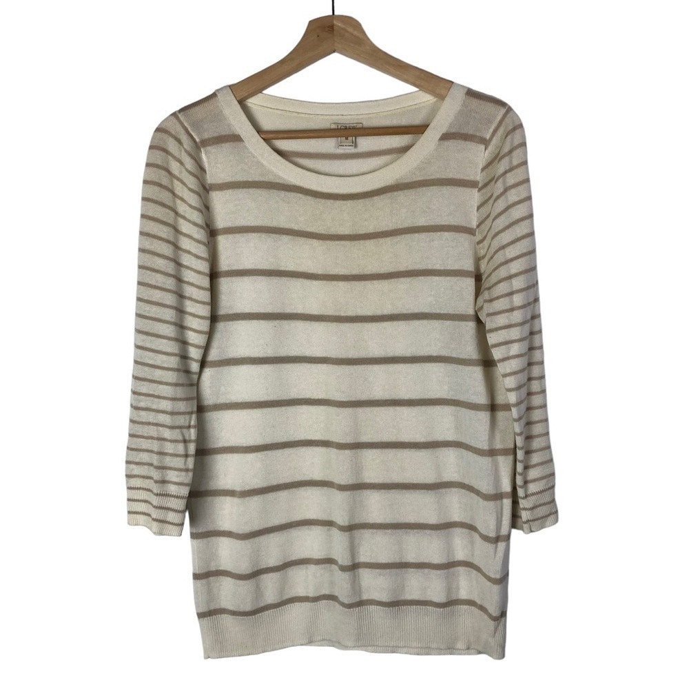 J. Crew Ivory & Beige Linen Stripe‎ Round Neckline Lightweight Sweater M